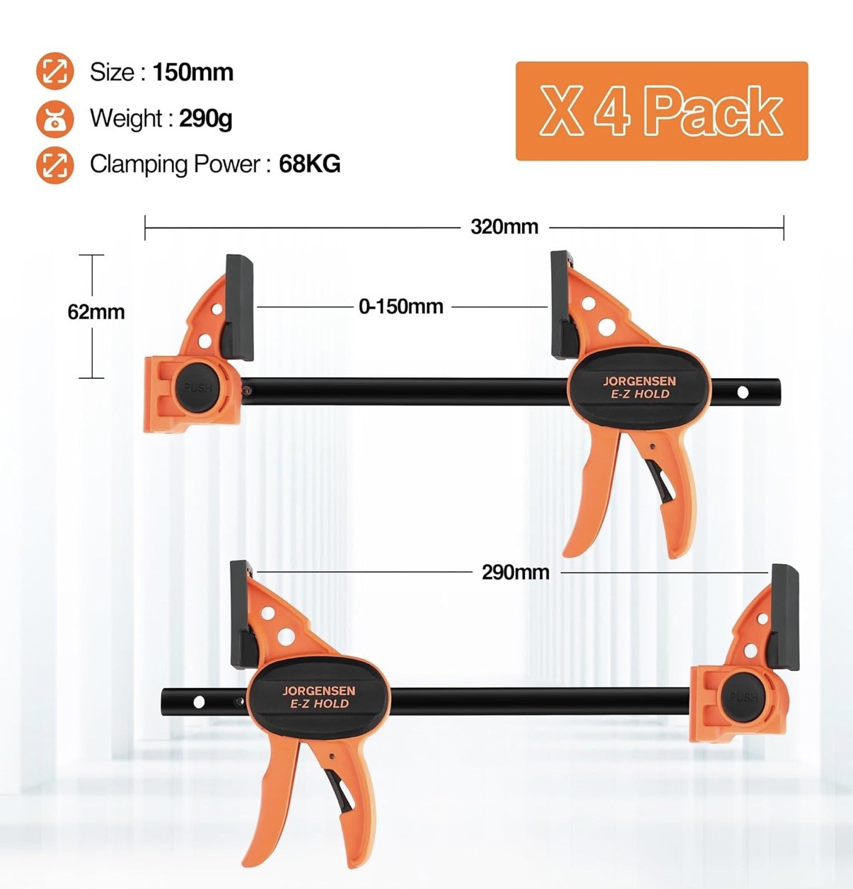 JORGENSEN 150 mm Woodworking Clamps 4-Pack, Splicable to 400 mm Ratchet Bar Cla