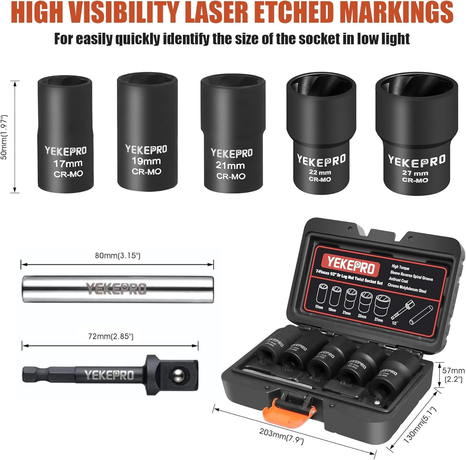 7-Piece Lug Nut Removal Tool Set – 1/2″ Drive Chrome Molybdenum Steel