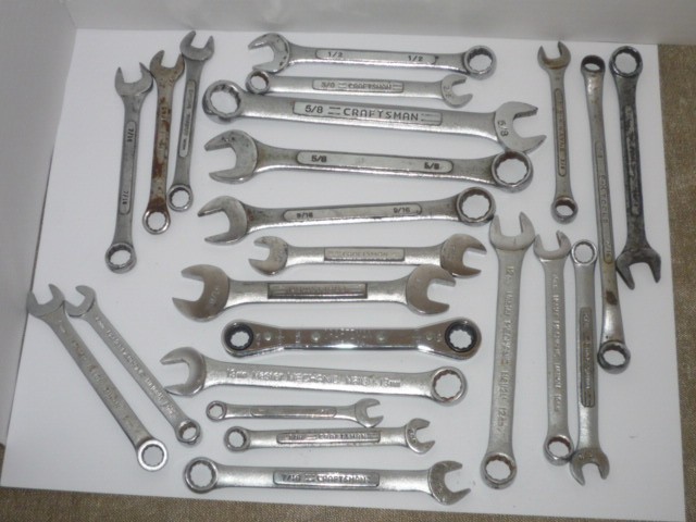 Lot of 23 wrenches, open and box end , Craftsman, SK, Master Mechanic & more.