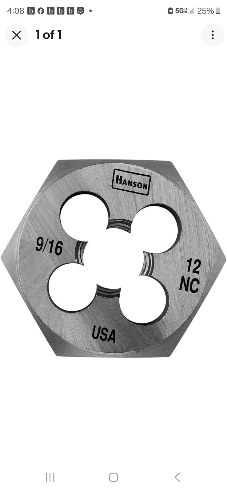 Lot Of 5 Pcs Hanson DIE 9/16-12NC 1-7/16 HEX HANSON HAN 6848 Rethreading