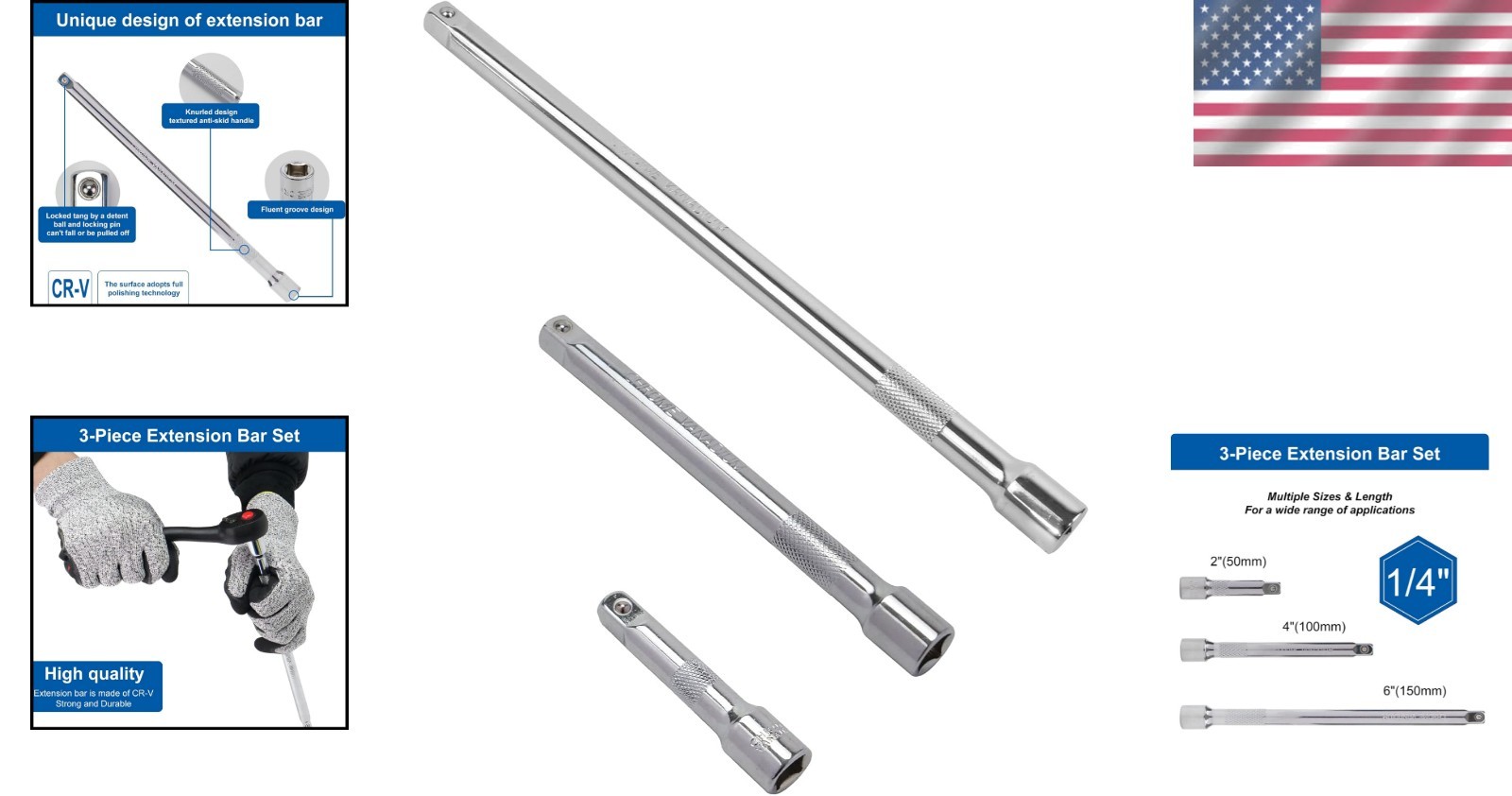 1/4 Inch Drive Socket Extension Set – 3 Pieces in Chrome Vanadium Steel