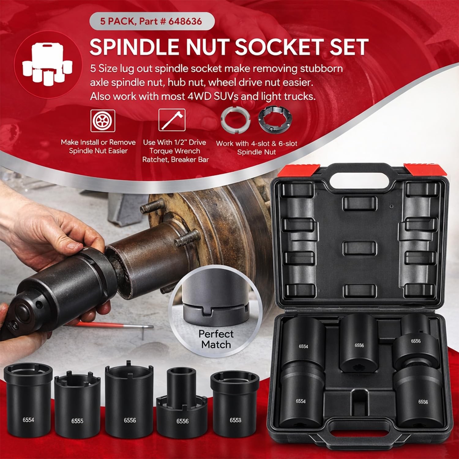 Spindle Nut Socket Tool Kit, 5Pcs Axle Hub Lock Nut Socket Set 1/2” Drive for…