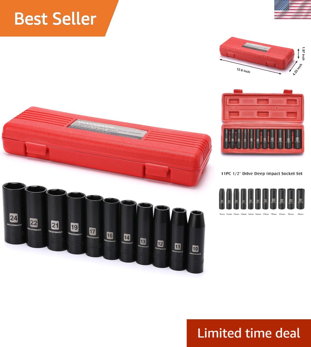 Versatile 11-Piece Deep Impact Socket Set with Laser-Etched Sizes (10-24mm)