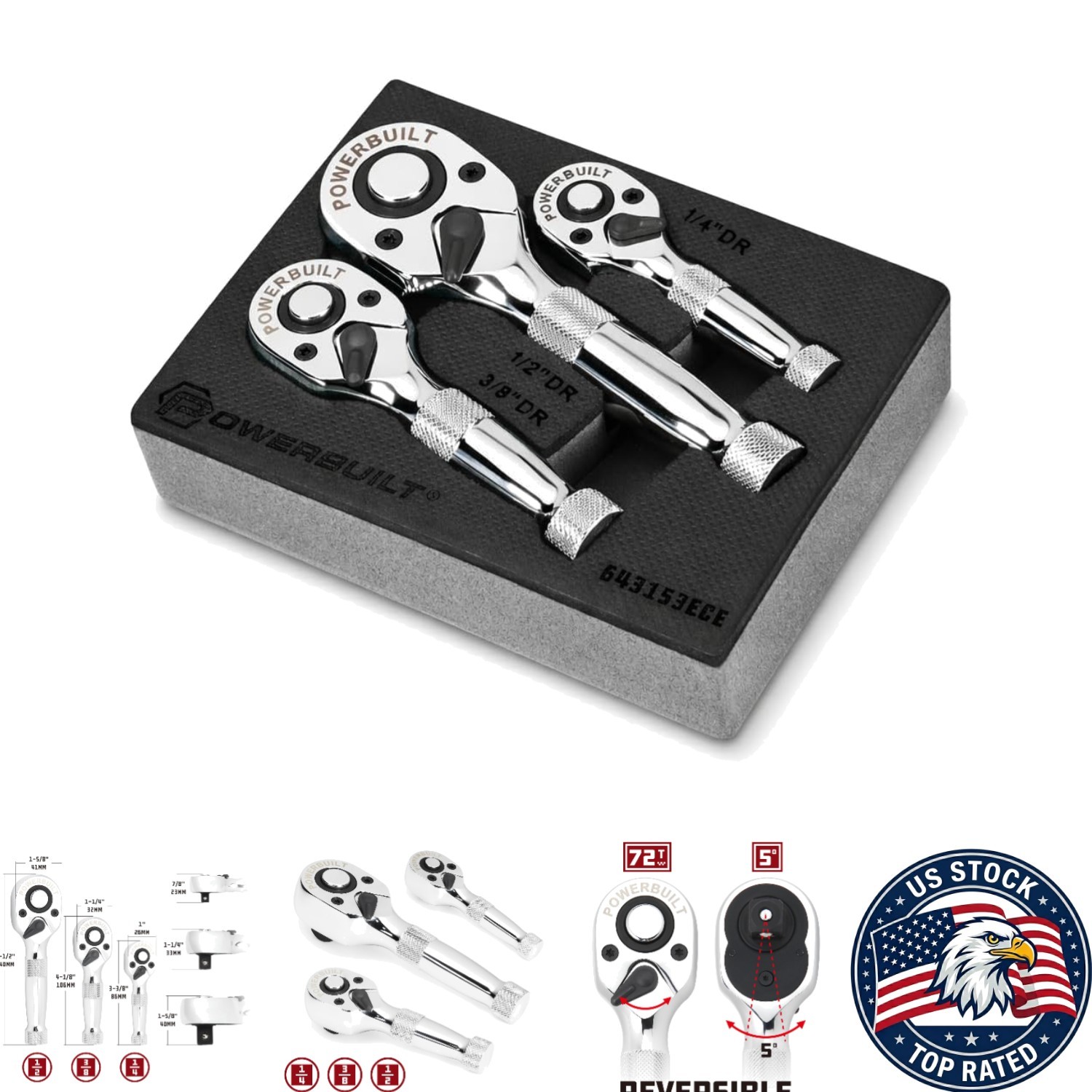 3-Piece Stubby Ratchet Set: 1/4, 3/8, 1/2-Inch Chrome Vanadium for Tight Spaces
