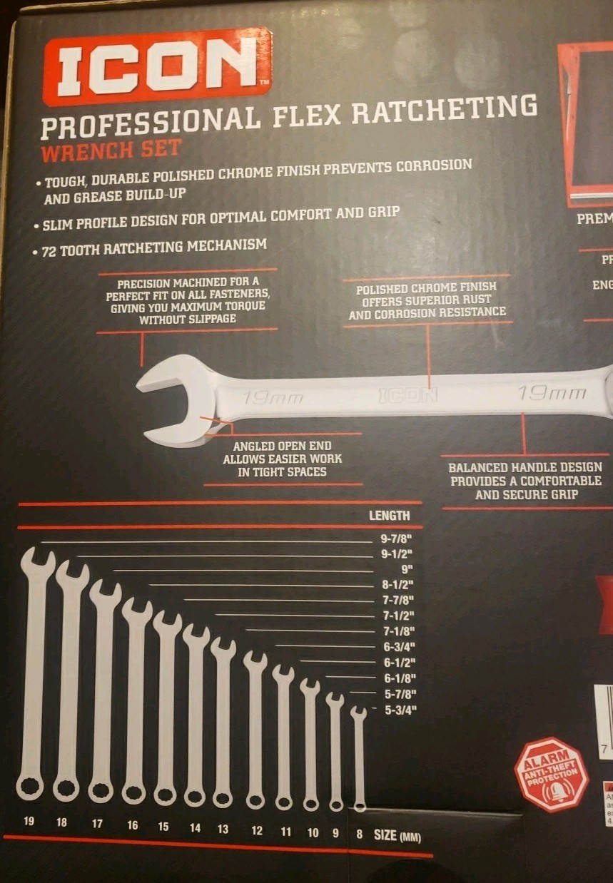 ICON Professional Flex-Head Ratcheting Combination Wrench 12-Pc 56427 WRFM-12