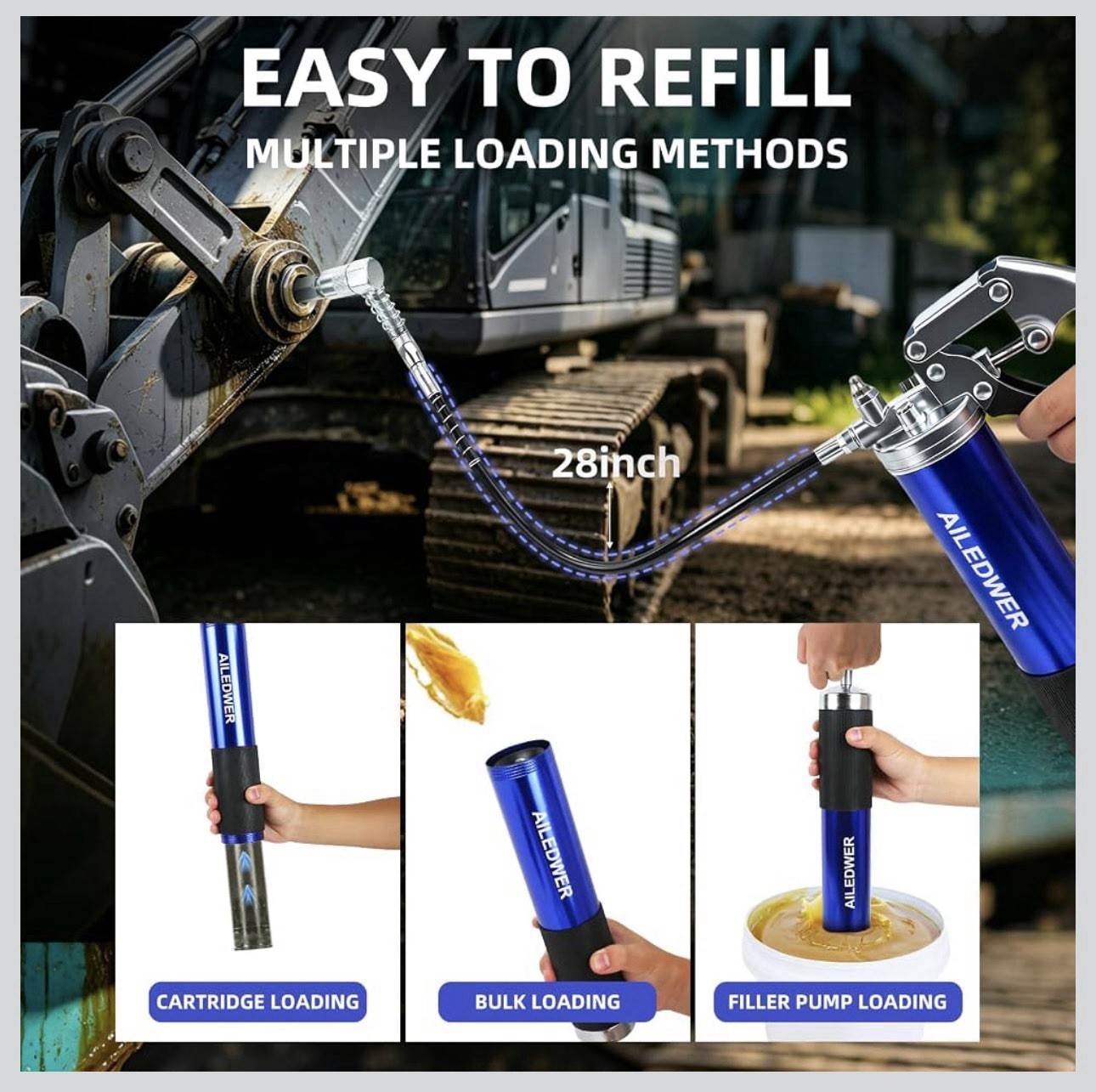 8000 PSI 14 oz Grease Gun Kit with Locking Coupler and 2 Hoses