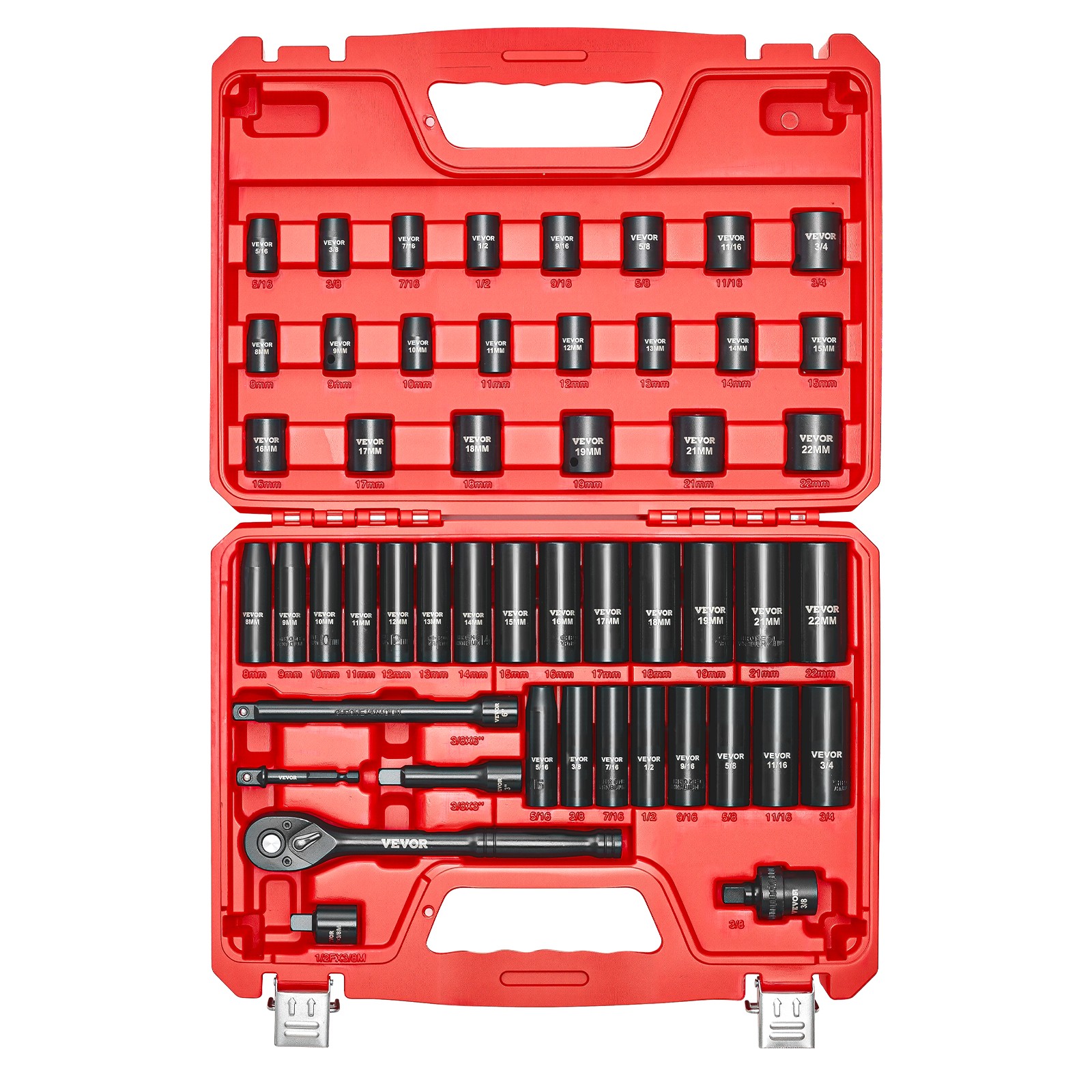 VEVOR 3/8 in Drive Impact Socket Set 50 Piece SAE 5/16 to 3/4 in Metric 8-22 mm