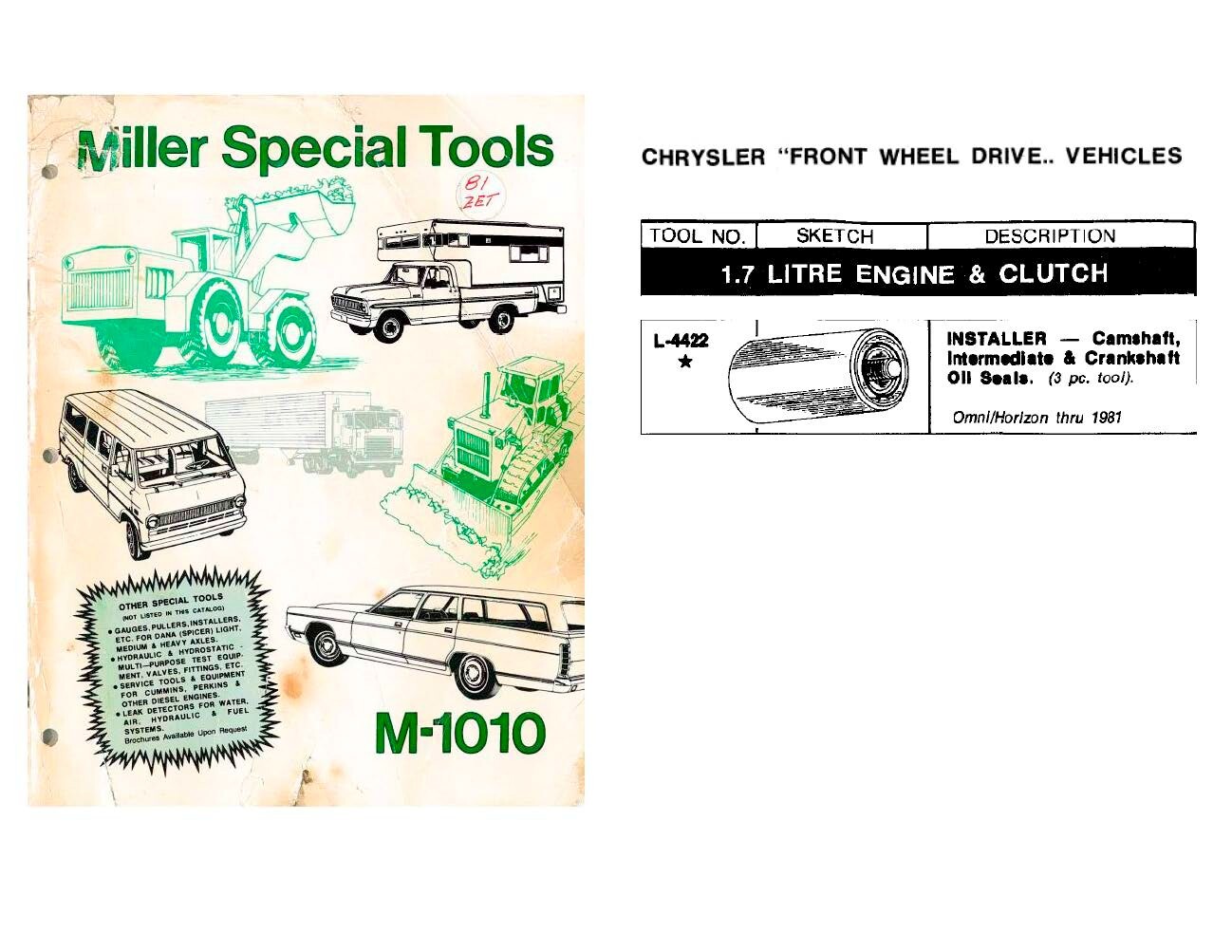 Dodge Omni Plymouth Horizon 1.7 L Engine Specialty Tool Miller L-4422