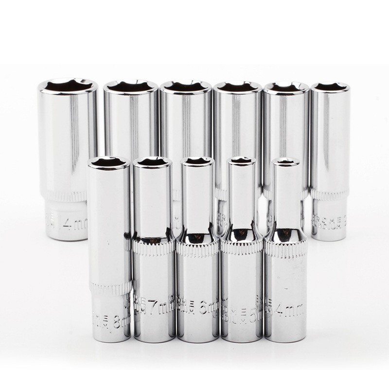 11pc Cr-V 1/4″ Dr 6pt 50mm Length Deep Socket Set: 4-5-6-7-8-9-10-11-12-13-14mm