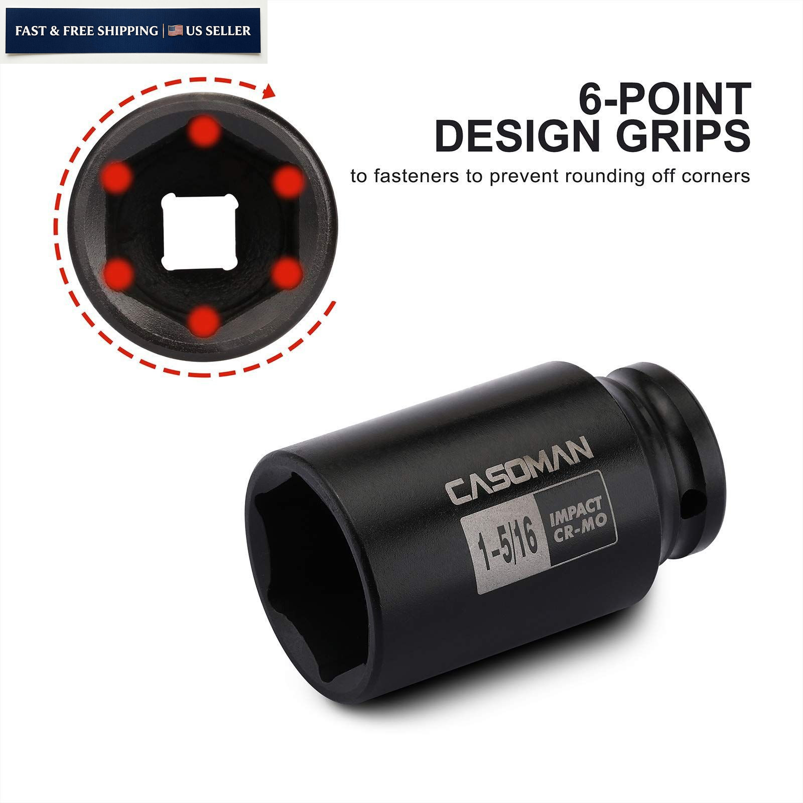 CASOMAN 1/2-Inch Drive 6-Point Deep Impact Socket- 1-5/16» 33.34 mm (Deep)