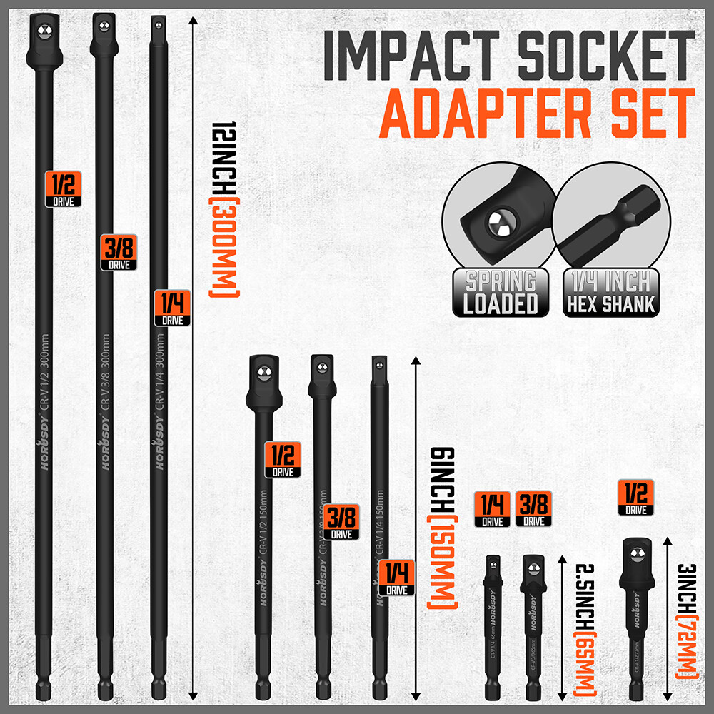 9PC Impact Grade Power Drill Sockets Adapter Set 1/4 3/8 1/2 Extension Bar Long