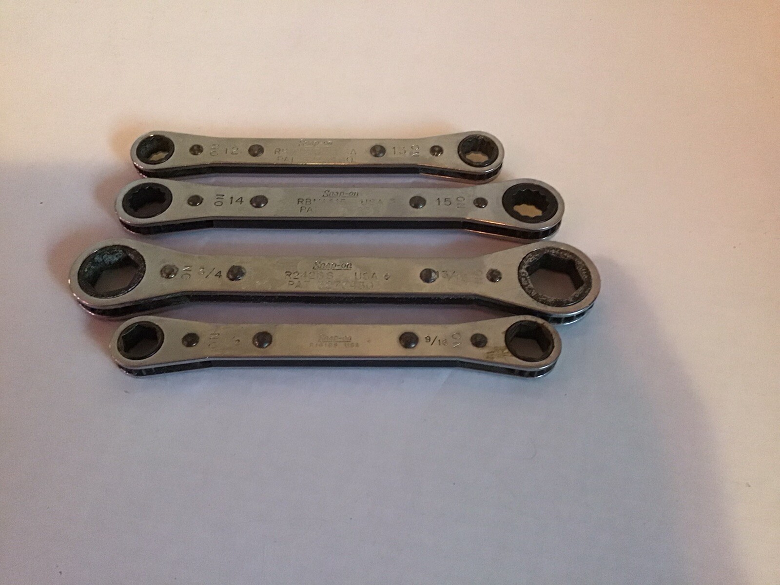 Snap on 4 double box end ratchet wrenchs 12,13,14,15 mm 1/2, 9/16, 3/4, 13/16