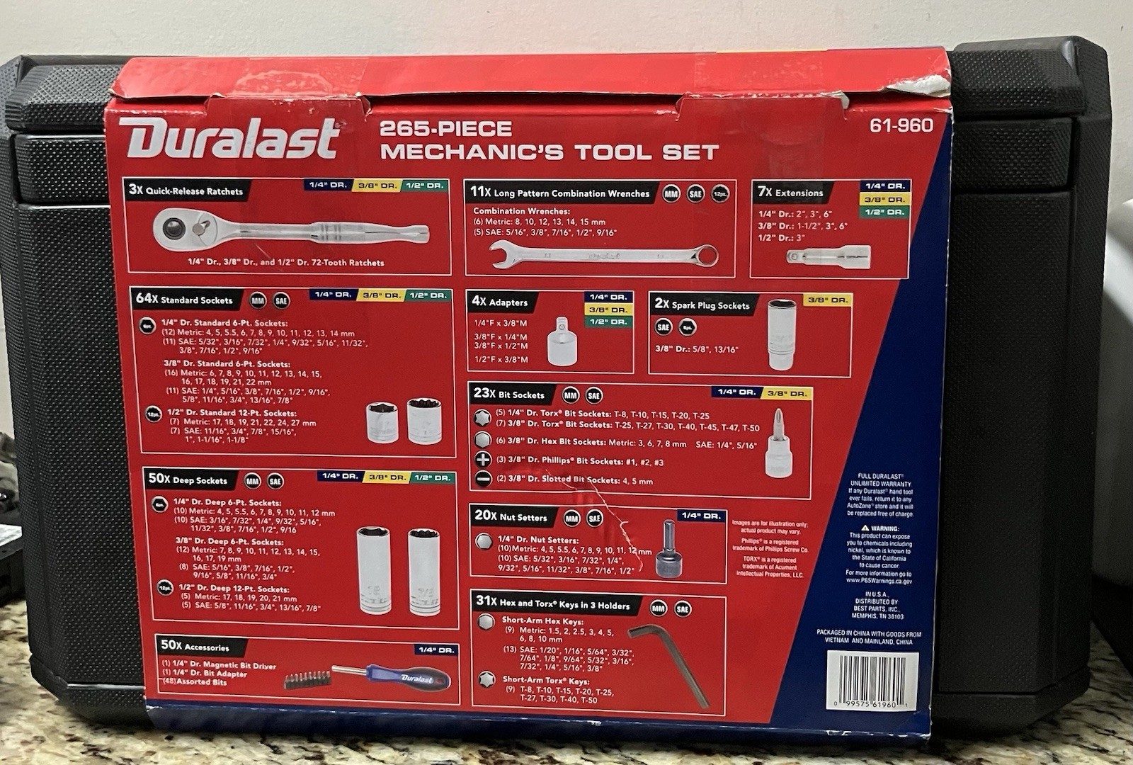 Duralast 265PC 61-960 1/4in + 3/8in + 1/2in Drive Mechanics Tool Set Fast SHIP