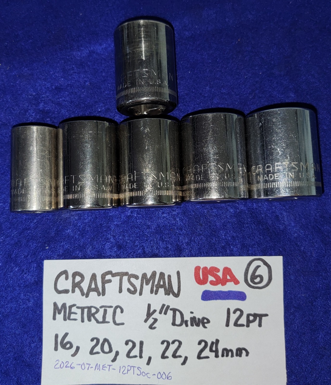 CRAFTSMAN 1/2″ Drive 12PT Socket LOT 16mm, 20mm, 21mm, 22mm & 24mm Made in USA