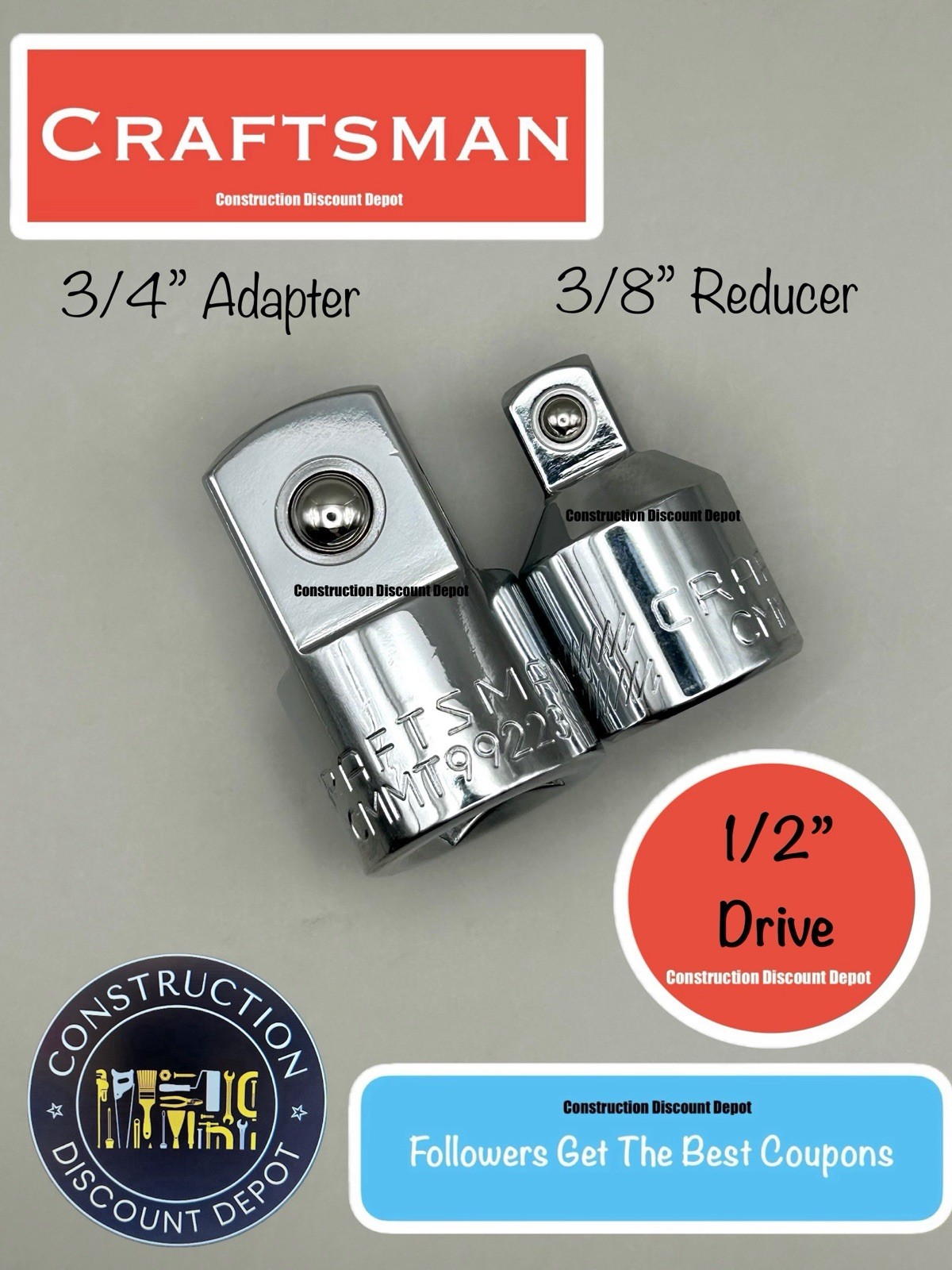 Craftsman 1/2″ Drive to 3/8″ & 3/4″ Socket Adapter Reducer Set 1/2 in. Dr.