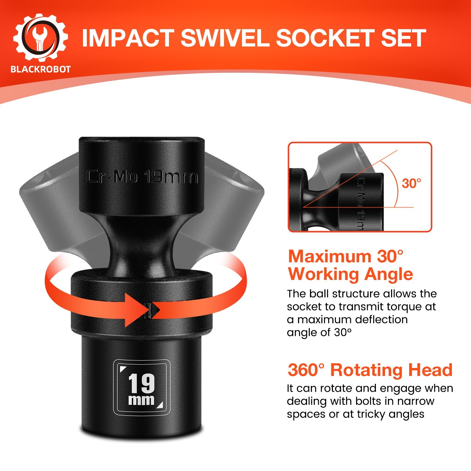 1/2″ Drive Swivel Socket Set, 10-Pcs Metric Size (10-19mm), Shallow Socket Set