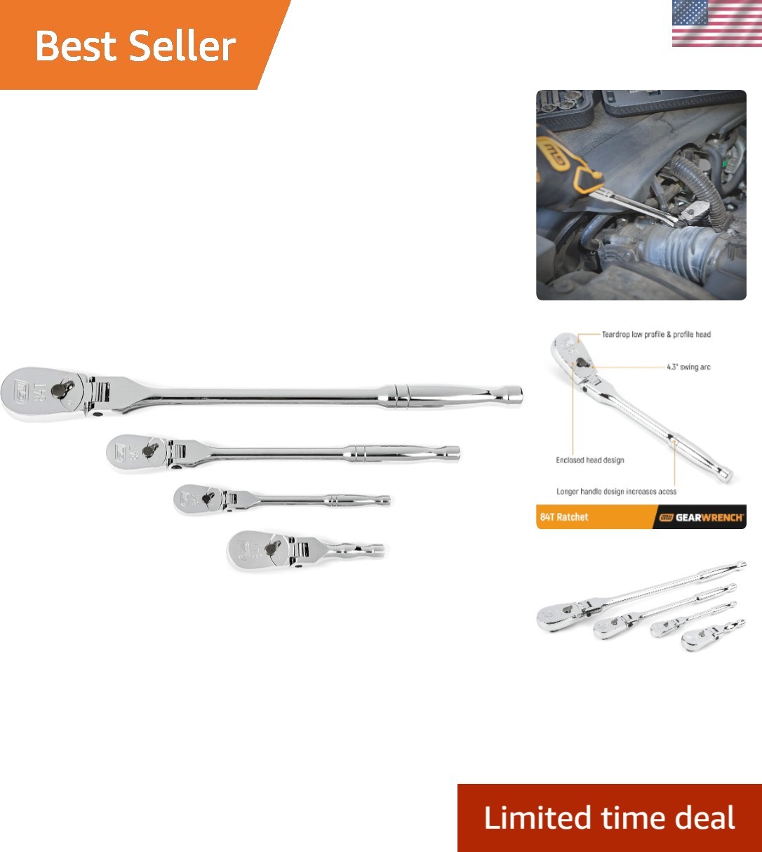 4 Pc. Flex Handle Ratchet Set with Corrosion-Resistant Finish