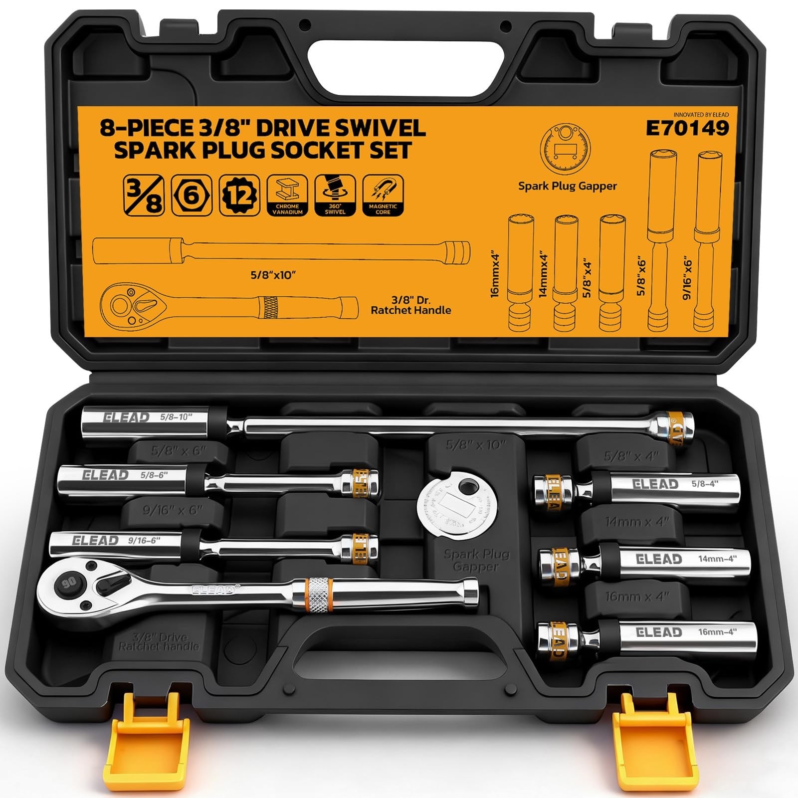 8-Piece 3/8″ Drive Magnetic Swivel Spark Plug Socket Set, 5/8″, 9/16″, 14mm, 16m