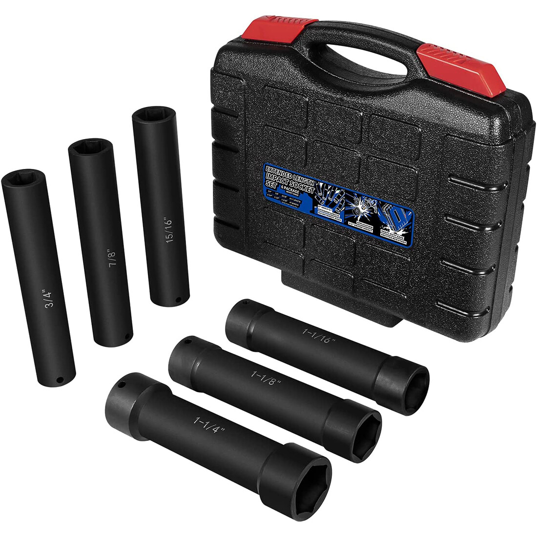 1/2» Drive Heavy Duty Extended Length Extra-Deep Length Impact Socket Set 6PCS