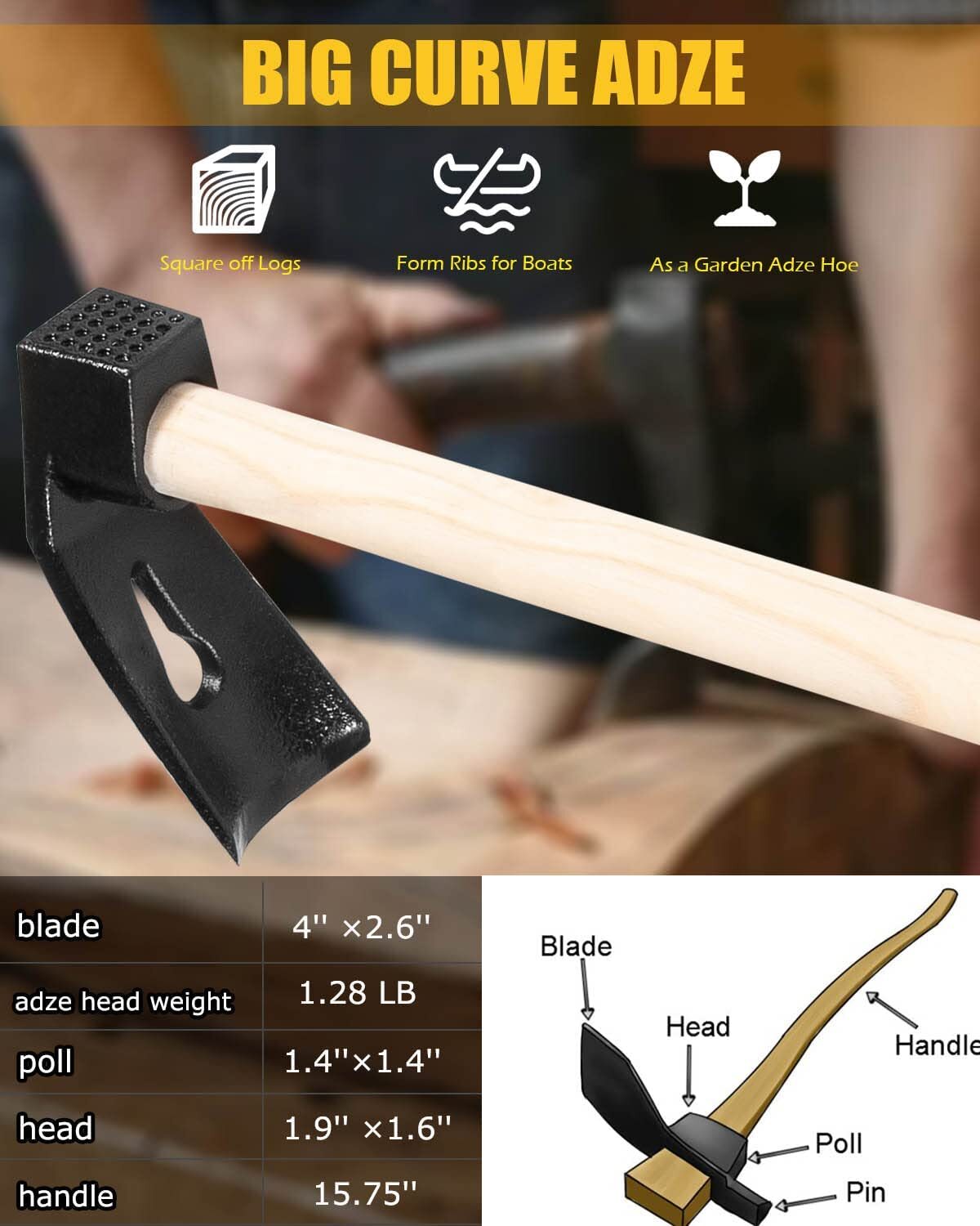 Adze Woodworking Tool Kit for Log Carving Hand Adze Curved Bowl Woodworking Adze