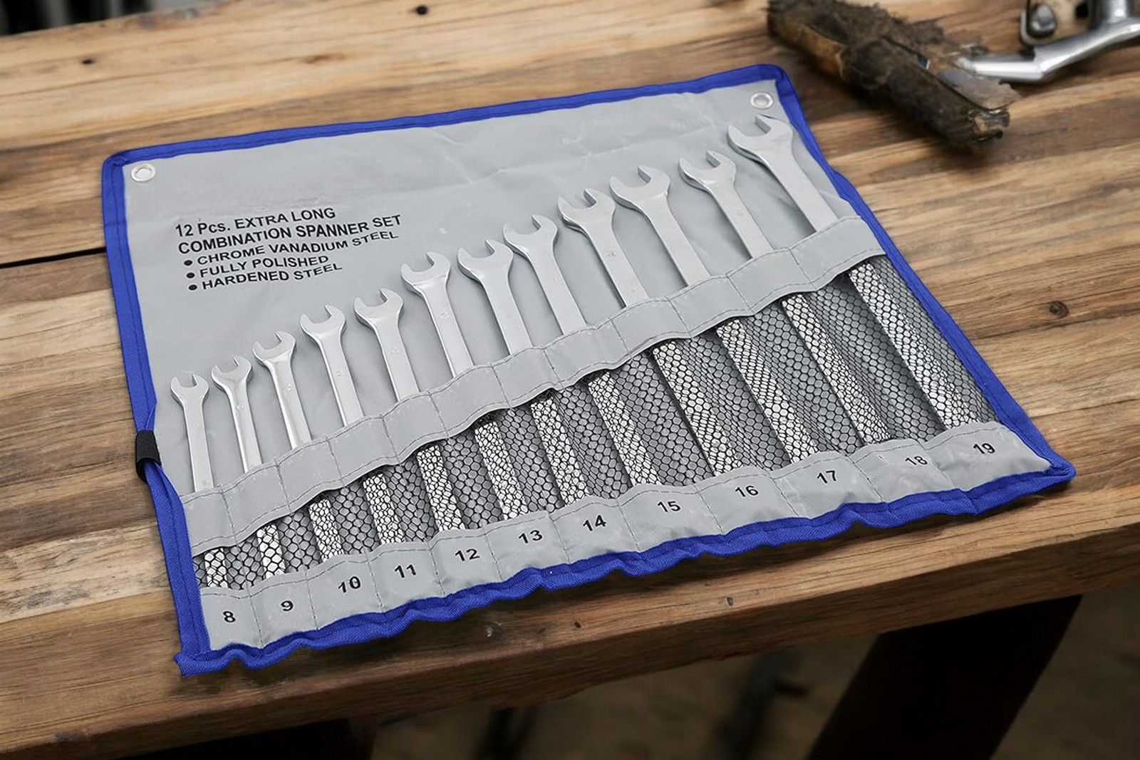 12pc Combination Spanner Set Extra Long 8-19mm Metric Wrenches Open Ring + Roll