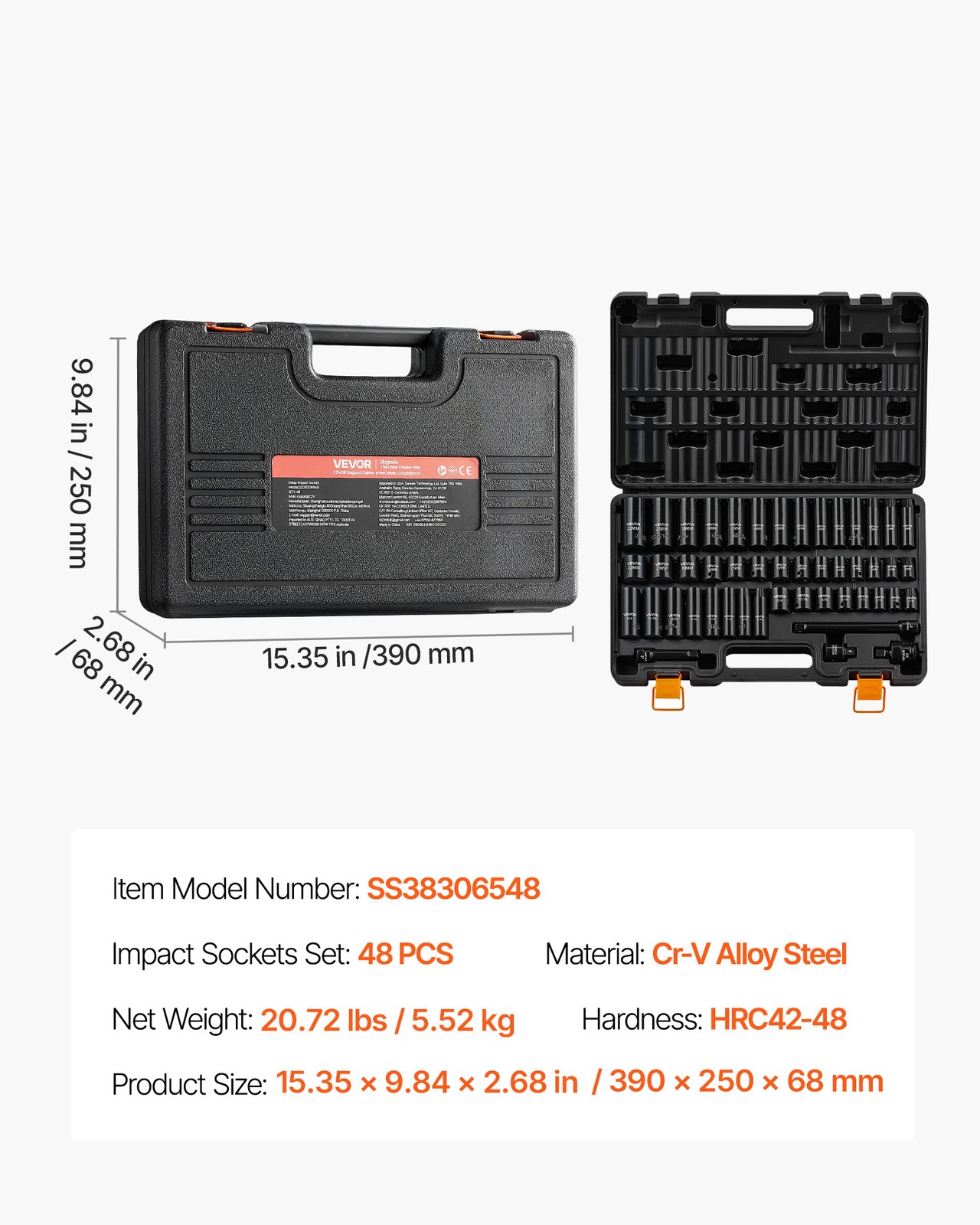 VEVOR Impact Socket Set 3/8″ Drive 48-Piece Socket Set 6-Point with Storage Case
