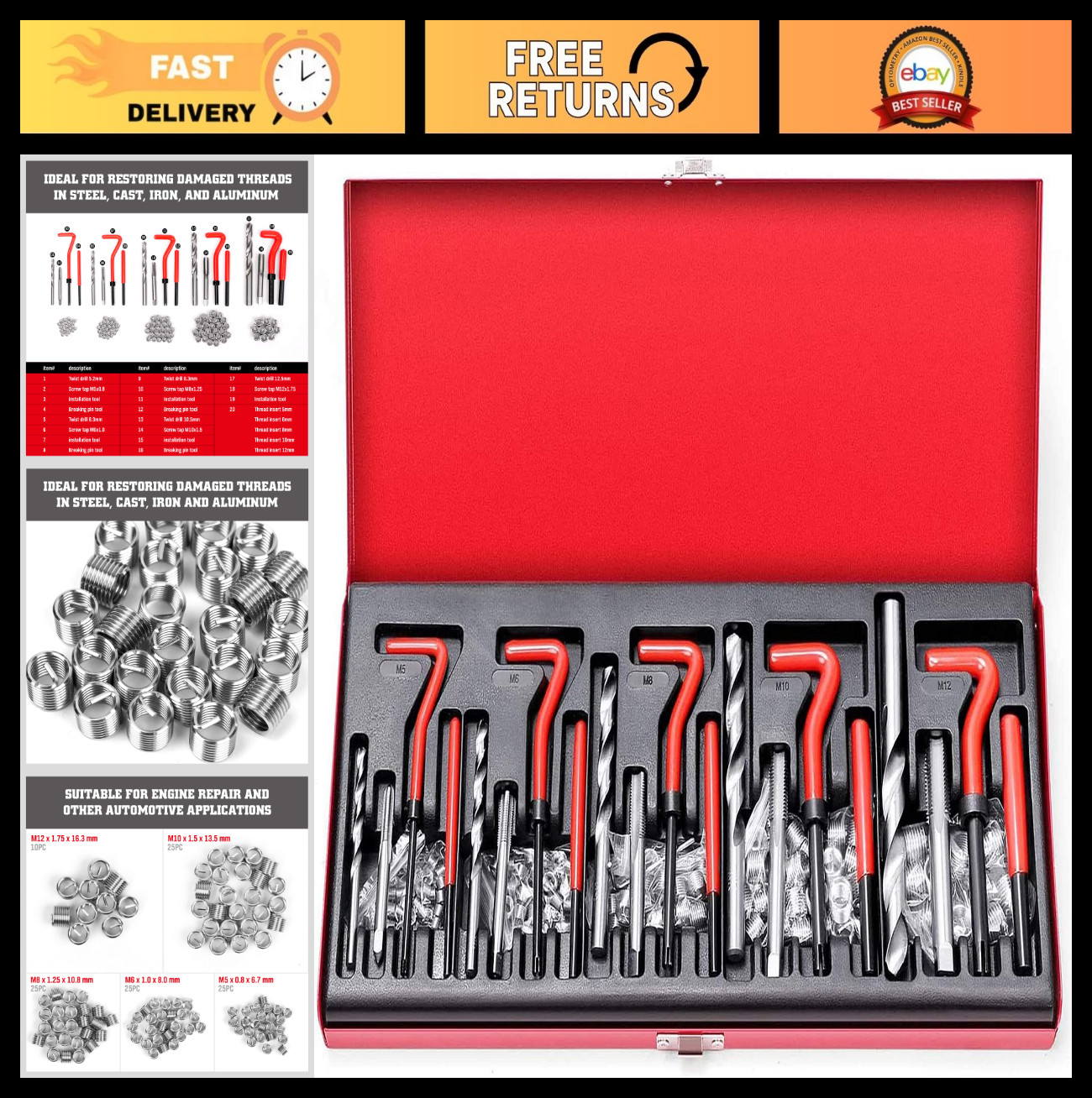 Metric Thread Repair Kit – 131-Piece Heli Coil Set with HSS Drills, Inserts & Ta