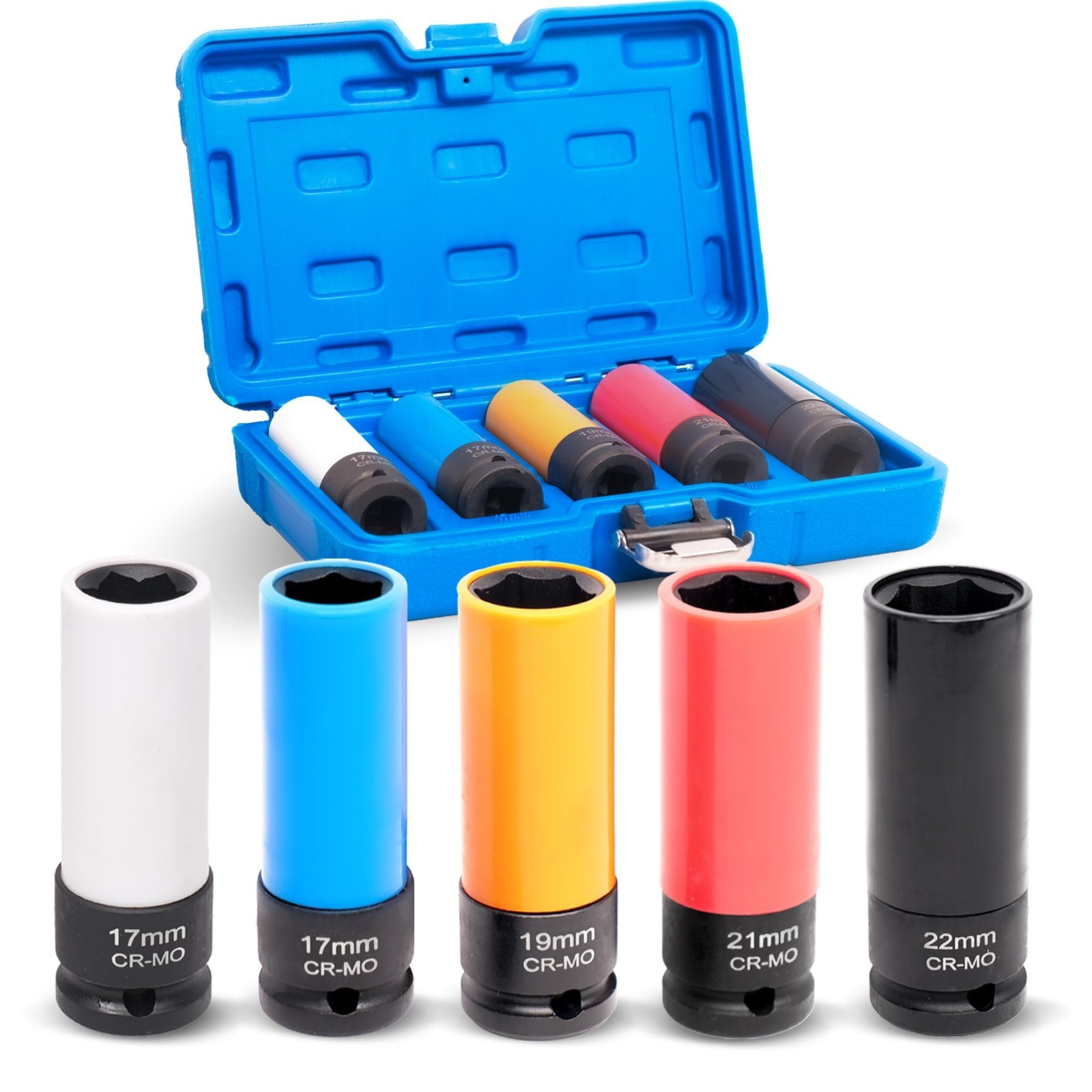 5-Piece 1/2″ Drive Lug Nut Socket Set – Metric 17mm 19mm 21mm 22mm, Thin Wall De