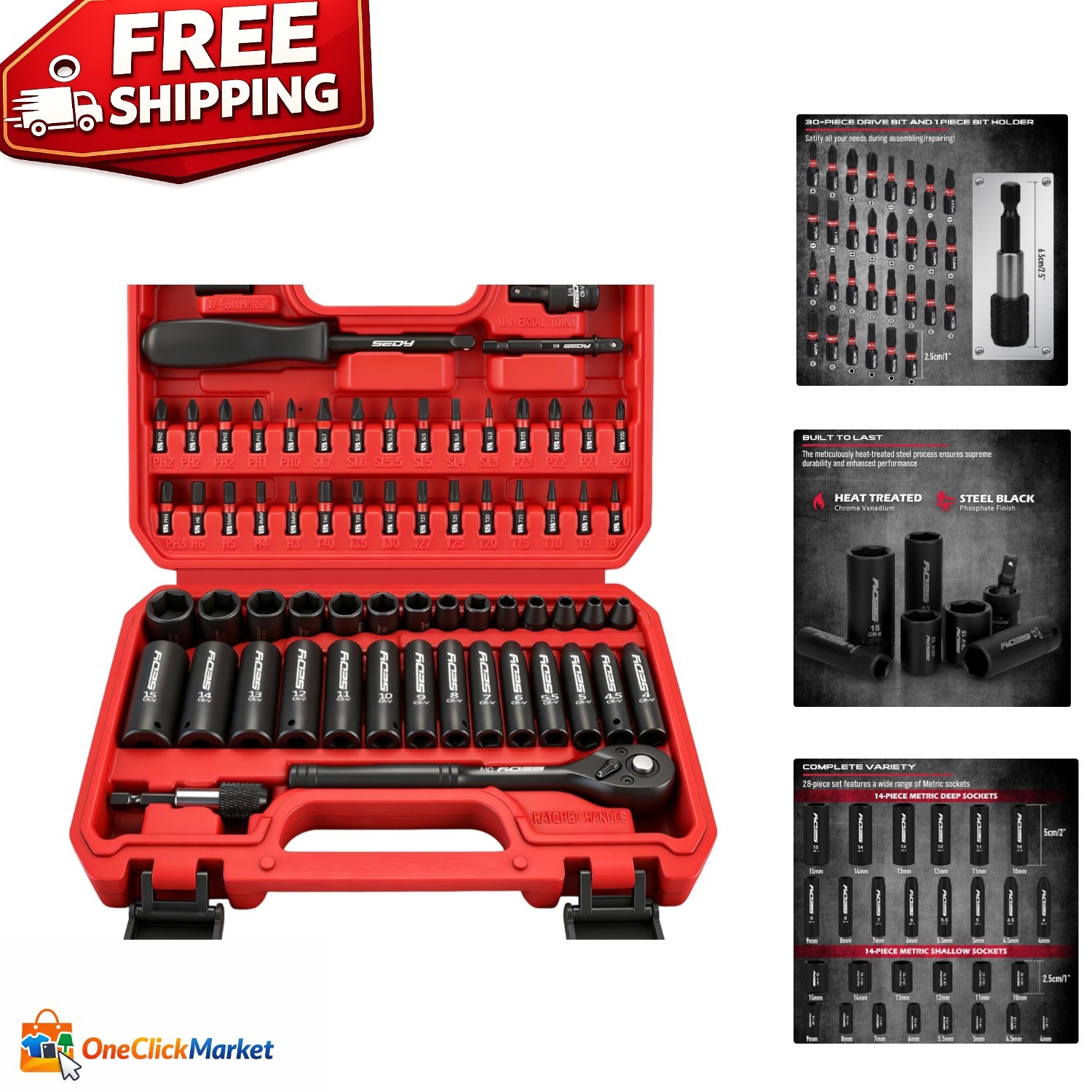 Compact 64-Piece Wrench and Bit Set – Chrome Vanadium with Laser Engraved Sizes