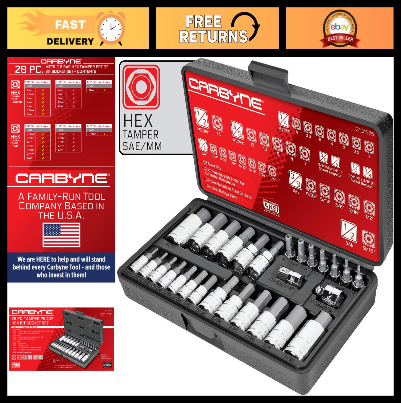 28-Piece Tamper-Proof Hex Bit Socket Set, SAE & Metric, S2 Steel, Durable Case