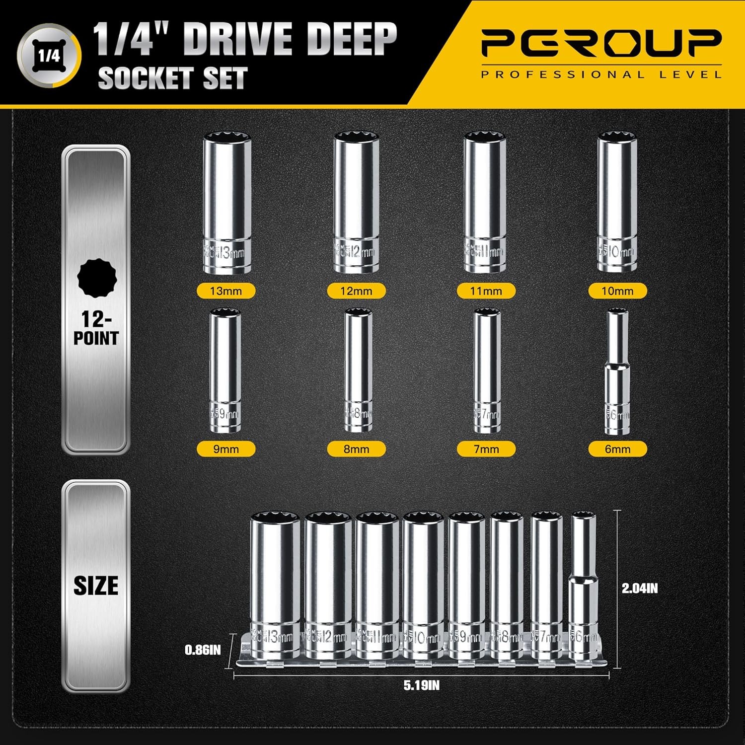 1/4 Inch Drive Socket Set – 8 Piece Metric 12-Point Deep 1/4-12PT-8PC