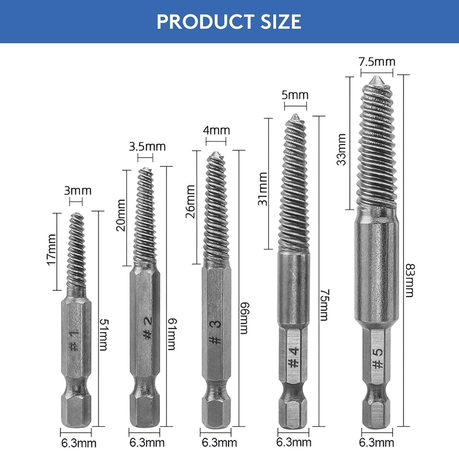 Extractor Tornillos Rotos 1/4″ Remover Pernos Dañados Barridos Acero HSS 10 PCS