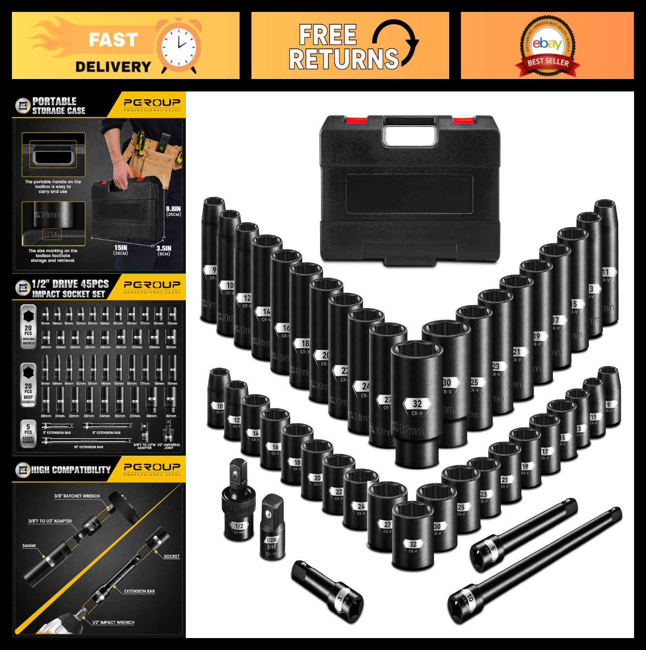 45PCS 1/2″ Drive Metric Impact Socket Set, Deep & Shallow Sockets, 9-32mm, Chrom