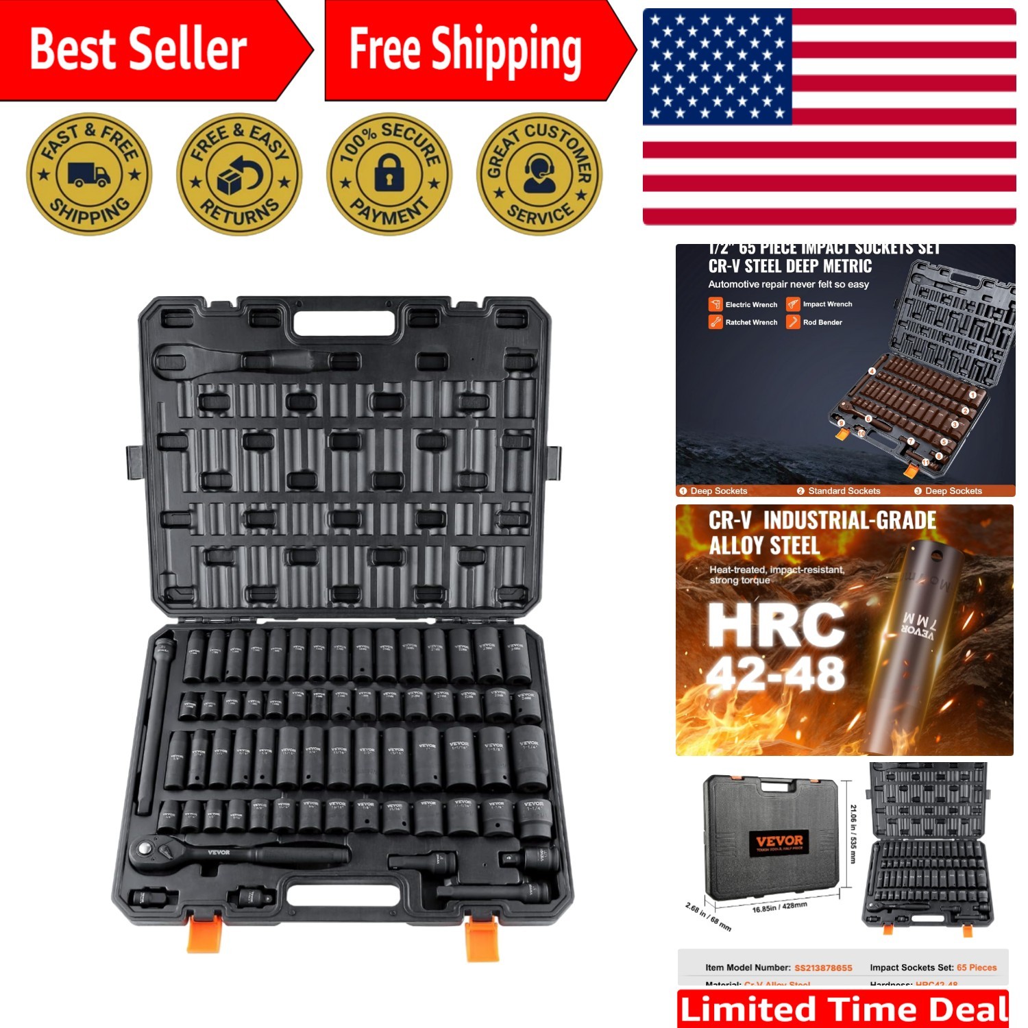 Comprehensive 65-Piece Socket Set: Cr-V Alloy Steel & Convenient Storage Case