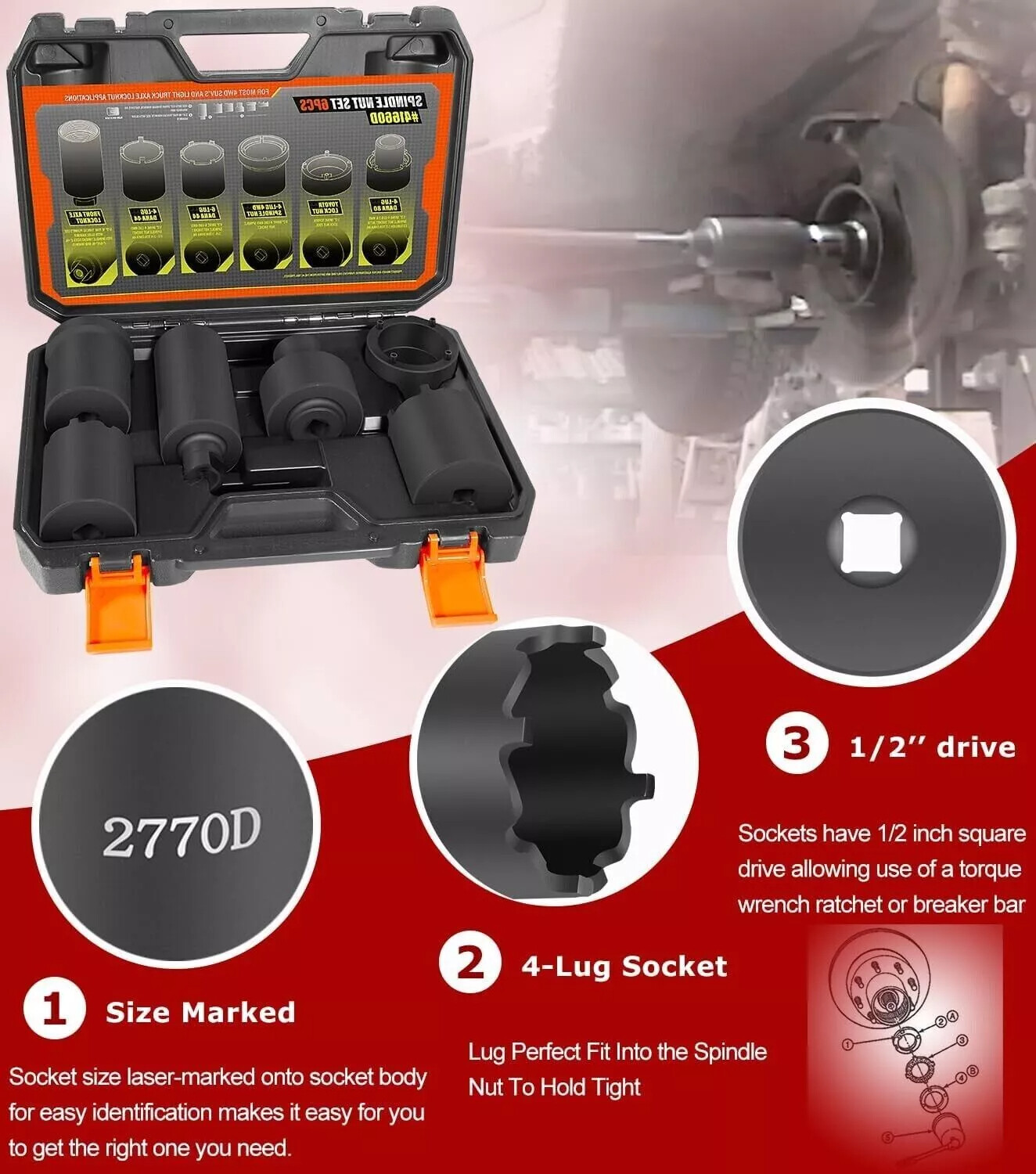 6pcs Spindle Nut Set 41660D 4WD Spindle Nut Socket Puller for Ford Dana 44/50/60