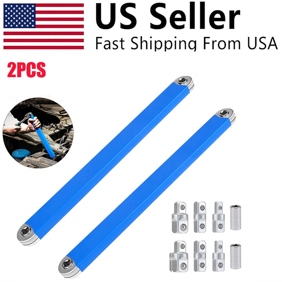 2X 3/8″ Spanner Offset Extension Wrench Set with Extender Adapter Ratchet Wrench