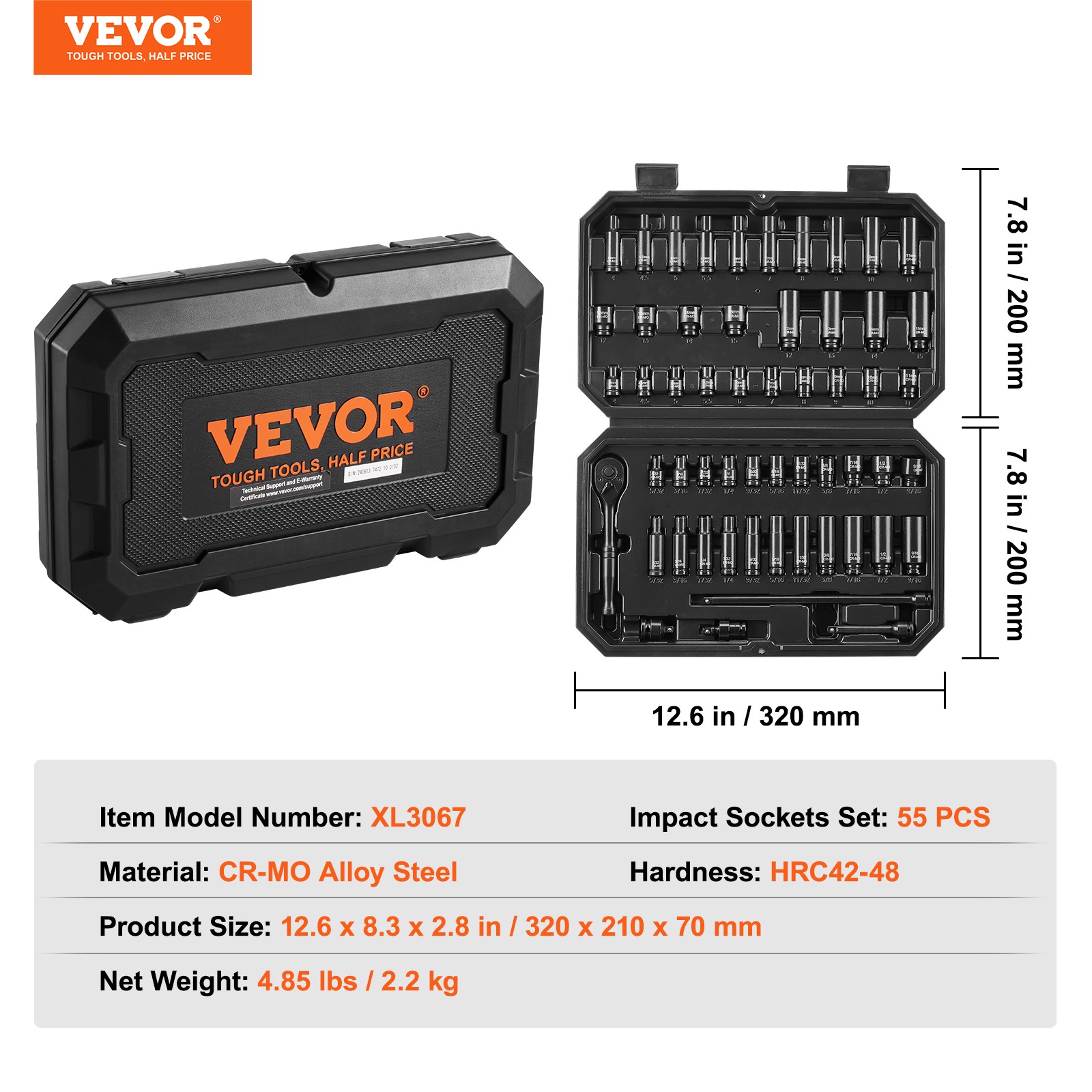VEVOR Impact Sockets Set 55pcs 6-Point 1/4″ Drive Bit Ratchet Tool Kit Case