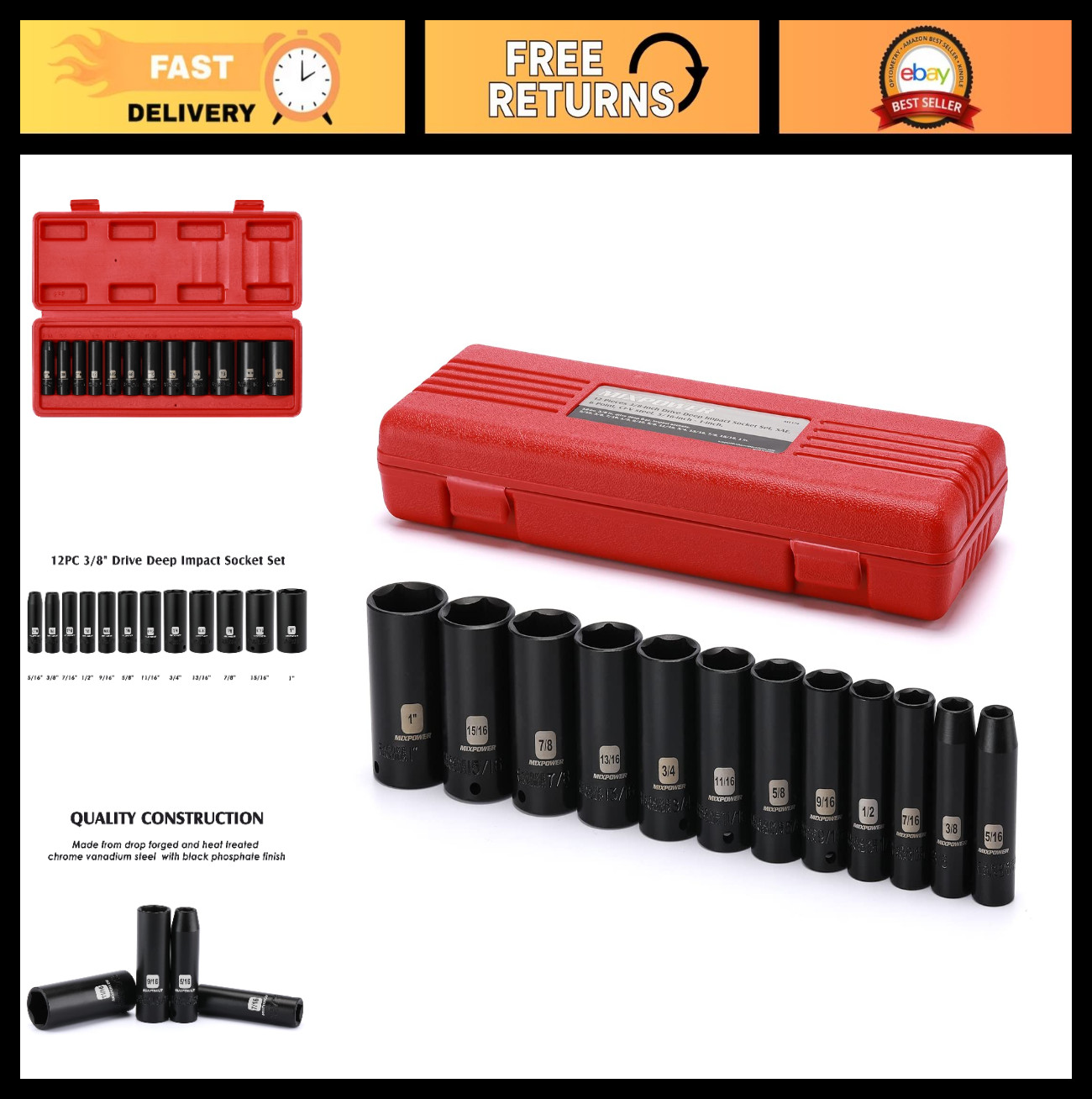 12-Piece 3/8″ Drive Deep Impact Socket Set, SAE 6-Point, CR-V, 5/16″-1″ Sizes