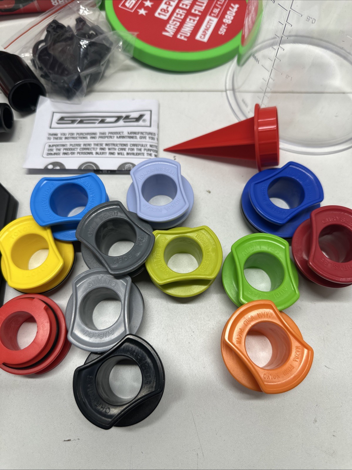 18 PCs Sedy Master Engine Oil Funnel Filling Kit Universal Colour Coded Open Box