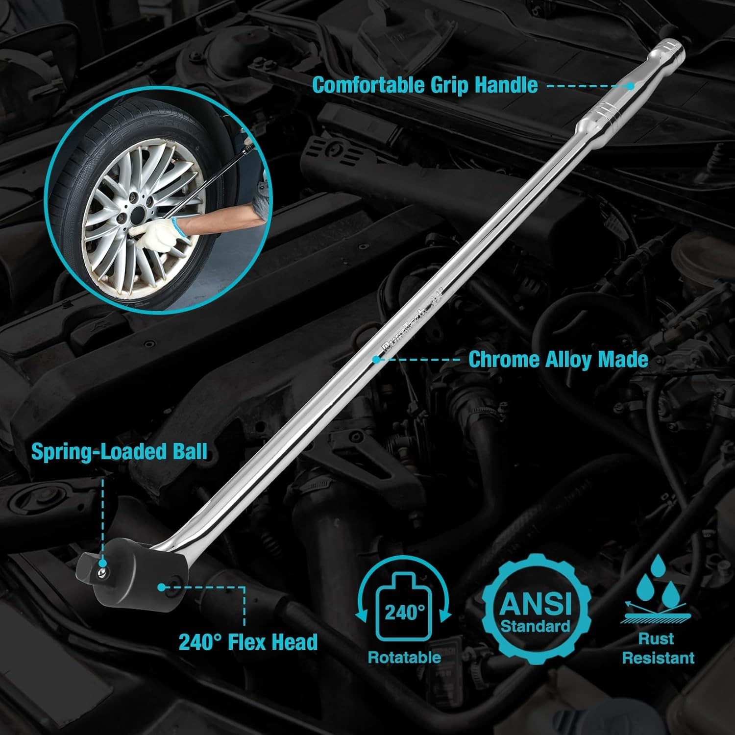 DURATECH Breaker Bar, 1/2» Drive 24-Inch Breaker Bars Heavy Duty, with 240° Fle