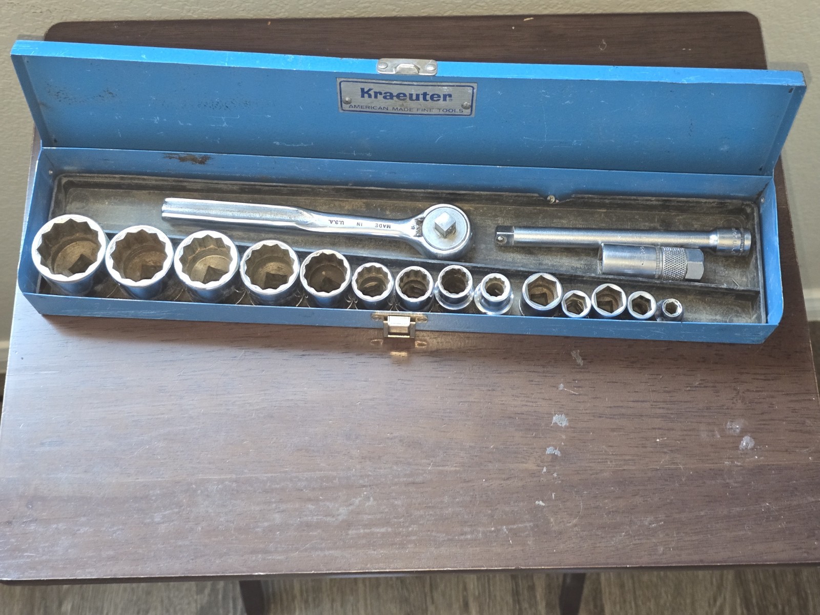 Kraeuter Socket Set 3/8 Drive Ratchet 32070 SAE 12pt USA Metal Case Vintage