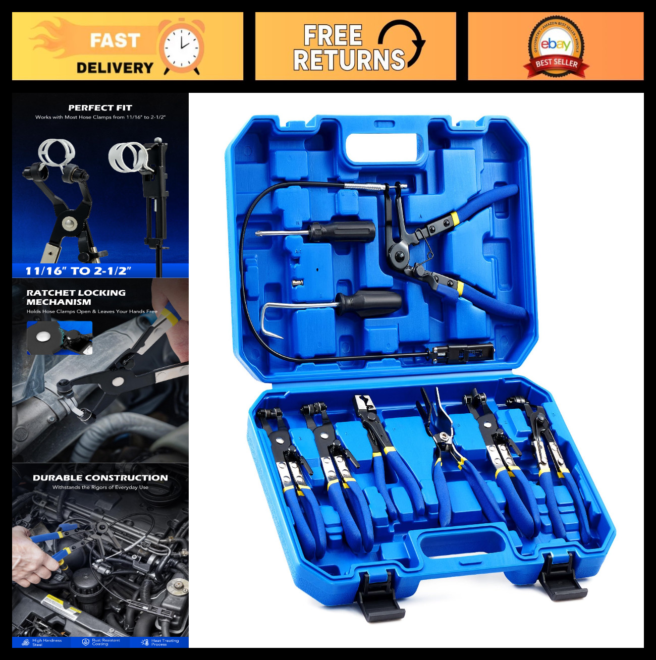 9pcs Hose Clamp Pliers Set for Fuel, Oil & Water Hoses – Automotive Long Reach R
