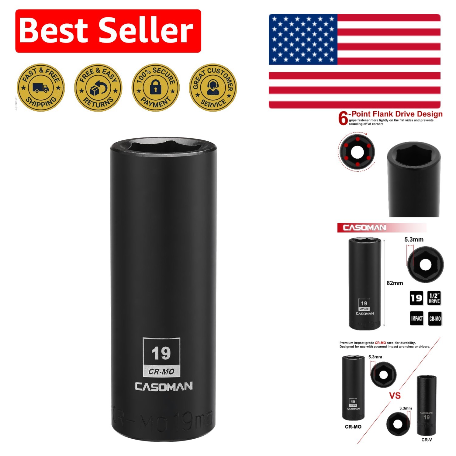 Built-to-Last 19mm Deep Impact Socket 1/2-Inch Drive – Black Phosphate Finish