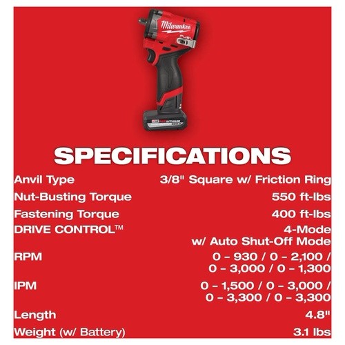Milwaukee 2562-21 M12 FUEL Stubby 3/8″ Impact Wrench Kit, 550 Foot-Pounds