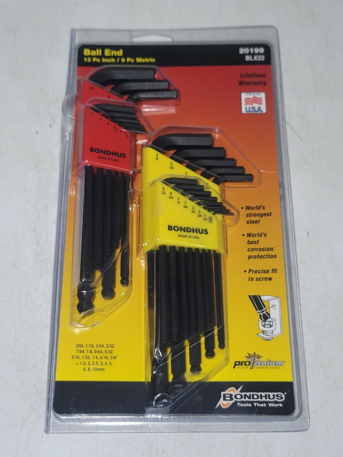 Bondhus ProGuard 22pc SAE & Metric Ball Tip Hex Key/ Allen L-Wrench Set #20199