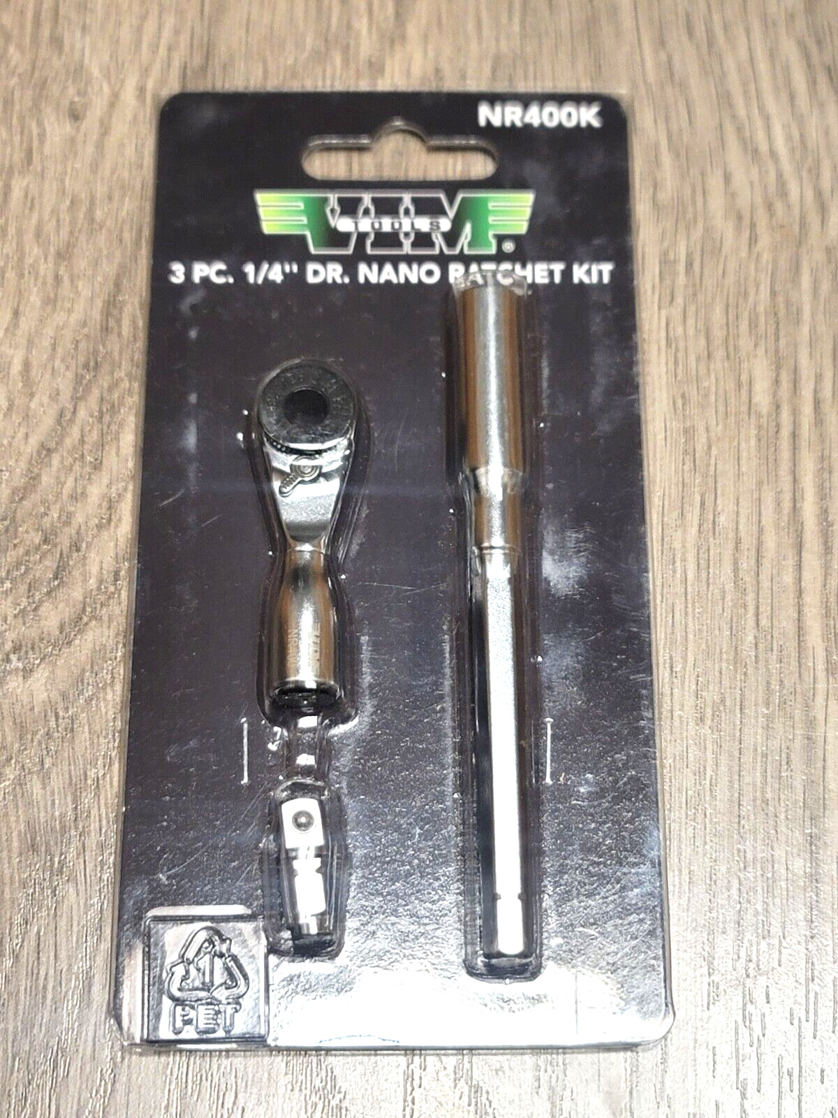 VIM Tools 3pc 1/4″ dr + 1/4″ Hex Stubby Nano Ratchet w/ Extension #NR400K