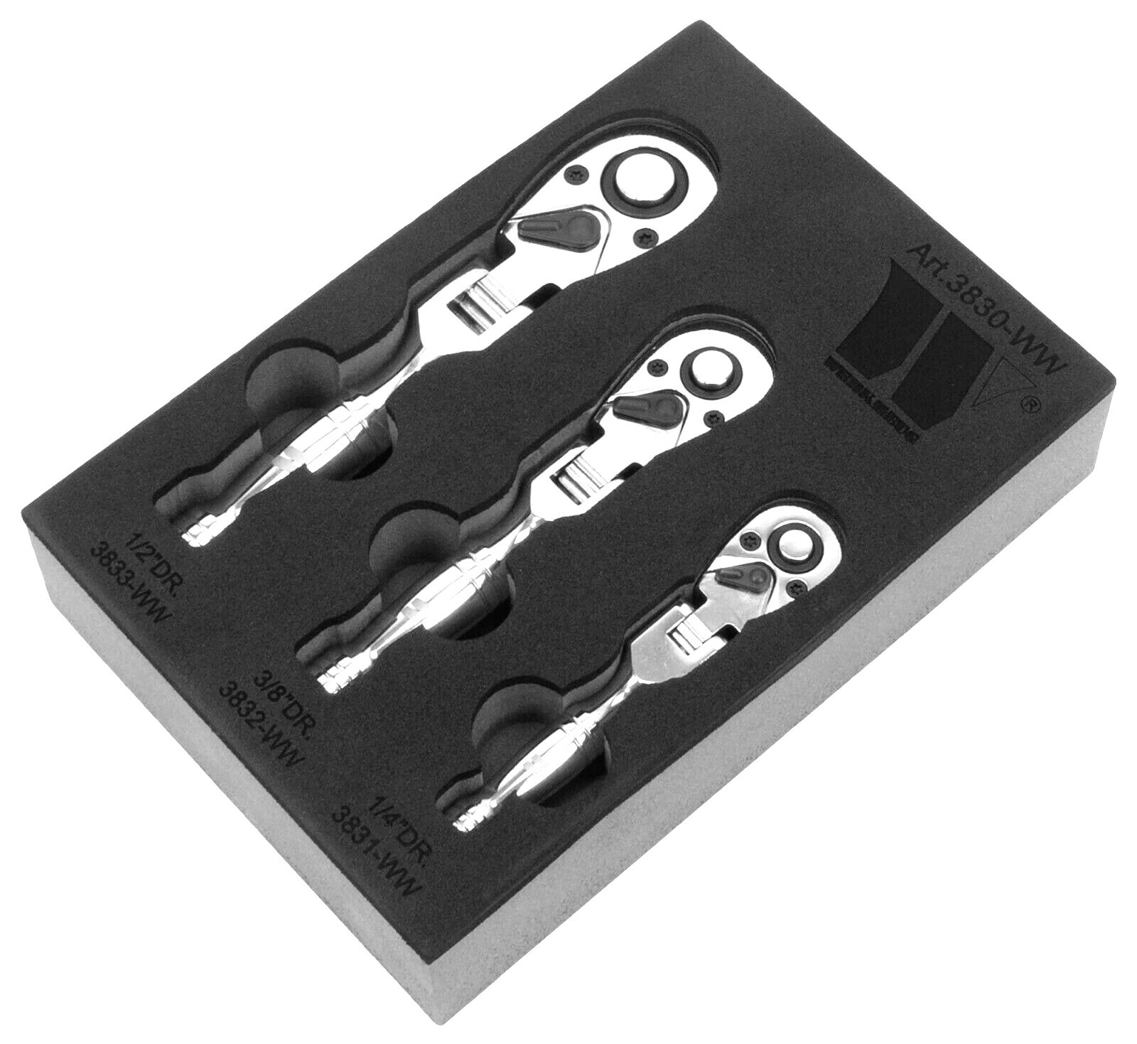 Welzh Werkzeug Stubby Short Flexi Head Ratchet Set 72-Tooth 3-Piece 1/4 3/8 1/2