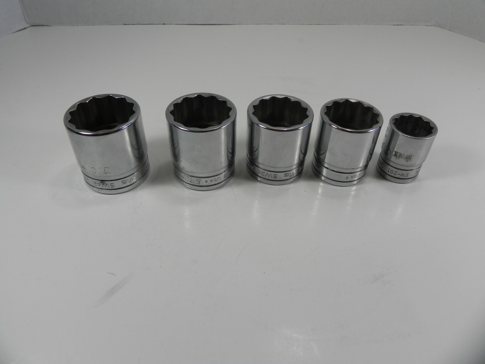 Snap On 5 Pc SAE 1/2” Dr Chrome 6pt Shallow Socket SW421 SW401 SW381 SW361 261