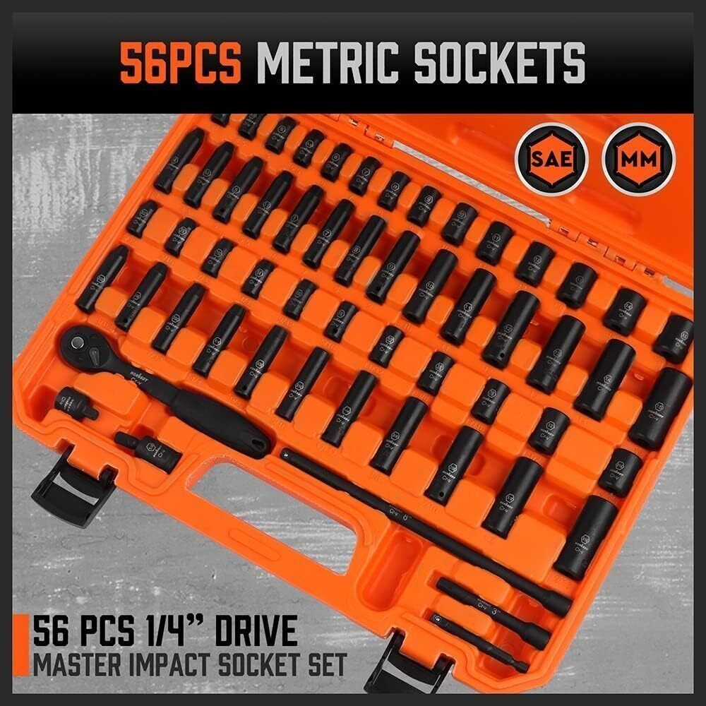 56-PCS Cr-V 1/4″ Drive Impact Socket Set SAE/Metric 6 Point Drive Extension Bar