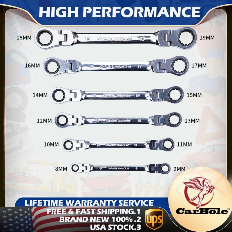 Double Box End Ratcheting Wrench Flex-Head Extra Long 6PCS Spanner Set Metric US